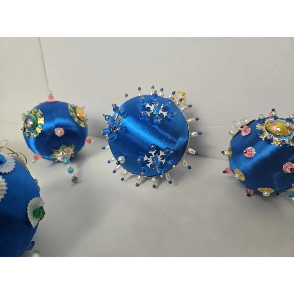 Vintage Christmas ornament push pin satin styrofoam ball lot blue sequin